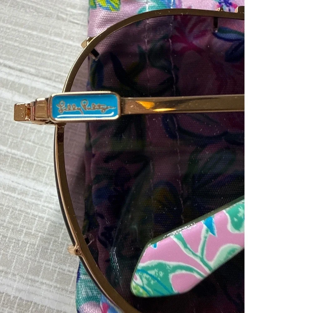 Lilly Pulitzer Adelia Polarized Sunglasses Gold Aviator Purple Floral Pouch 66mm